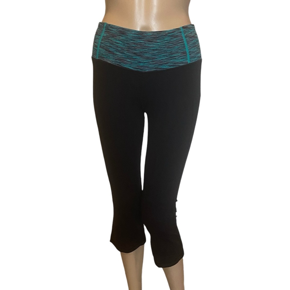 Lululemon Athletica Groove Crop Pants Workout Yoga Leggings Black Teal Sz 4 EUC